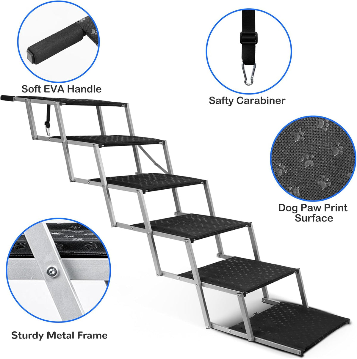Niubya Dog Ramps for Cars, Portable Folding Dog Stairs for Cars, SUV, Trucks, Lightweight Pet Ramp for Large Dogs with Non-Slip Surface, Reinforced Pet Steps Supports Up to 200 lb, 6 Steps