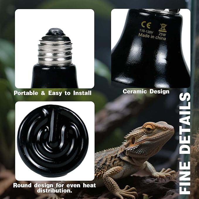 25W Reptile Heat Lamp(2-Pack) Ceramic Heat Emitter- Non-Light Emitting, 24/7 Safe Heating for Terrariums, Brooders & Incubators-Turtle Lizard Bearded Dragon Snake Small Pets E26