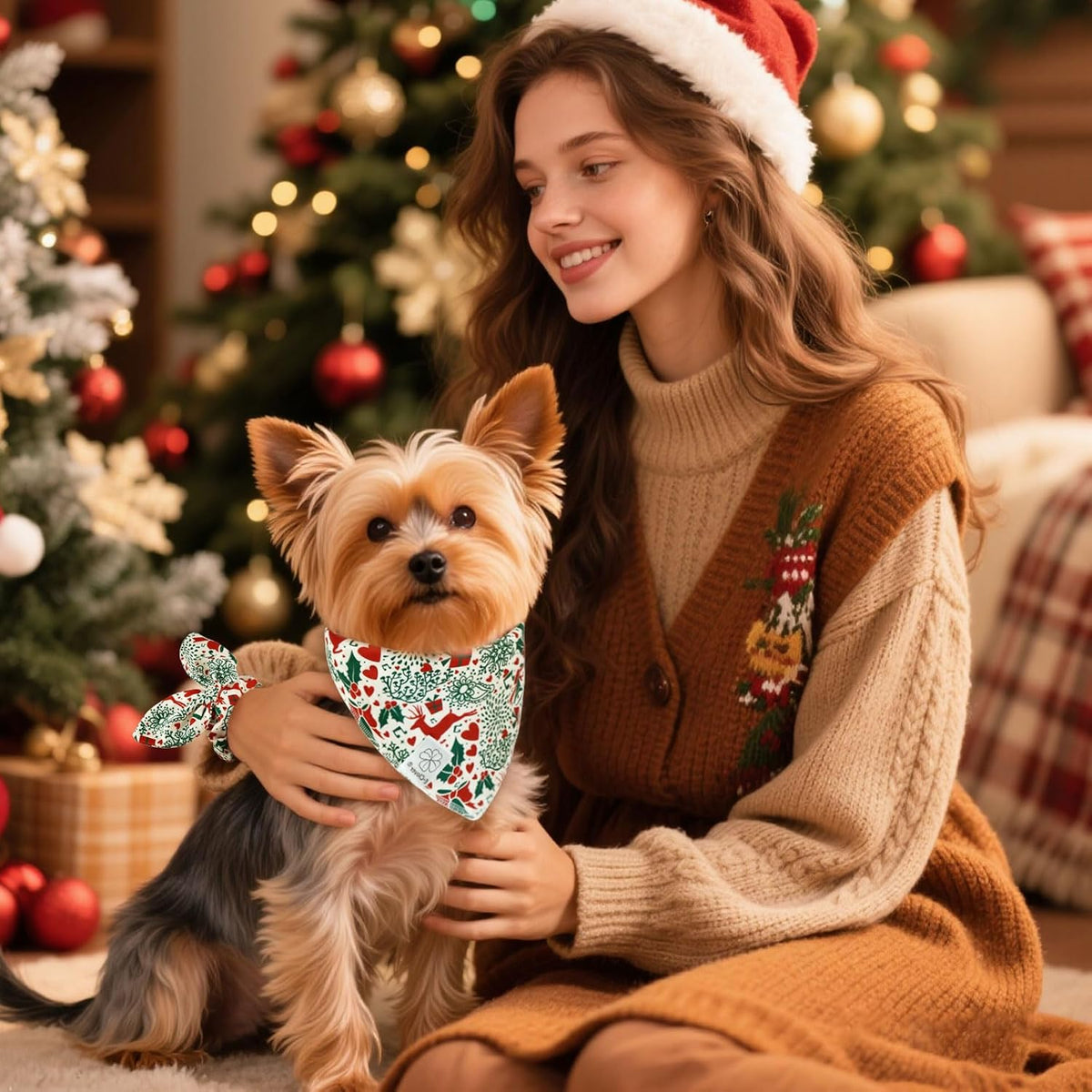 E-Clover Christmas Dog Bandanas & Matching Scrunchie Set White Green Red Dog Scarf Bibs Pet Bandana with Bow Tie for Medium Large Dogs Owner Mom Winter