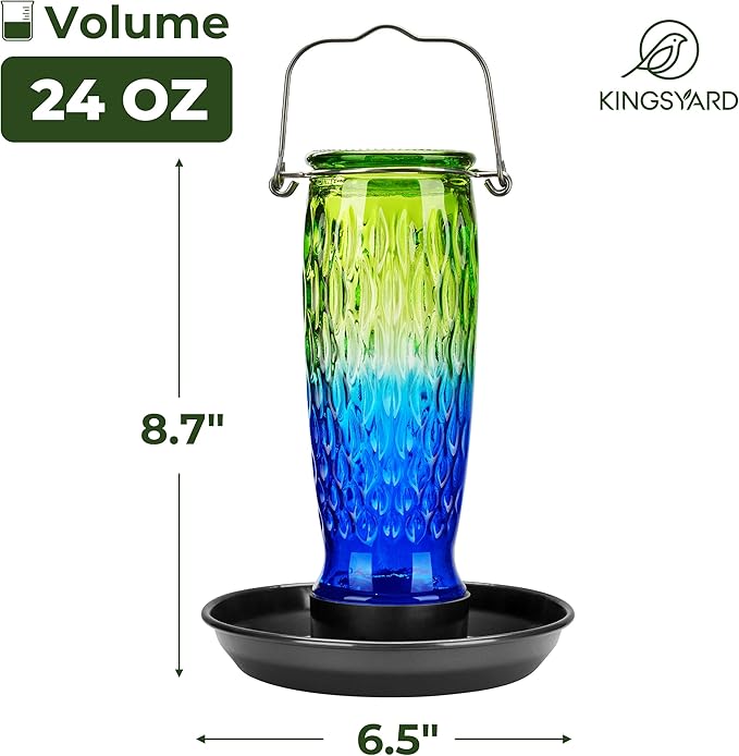 Kingsyard Bird Water Feeder for Outside, 24 Ounce, Glass Bird Water Dispenser with Metal Hanging for Garden Yard Outside Decoration, Green & Blue
