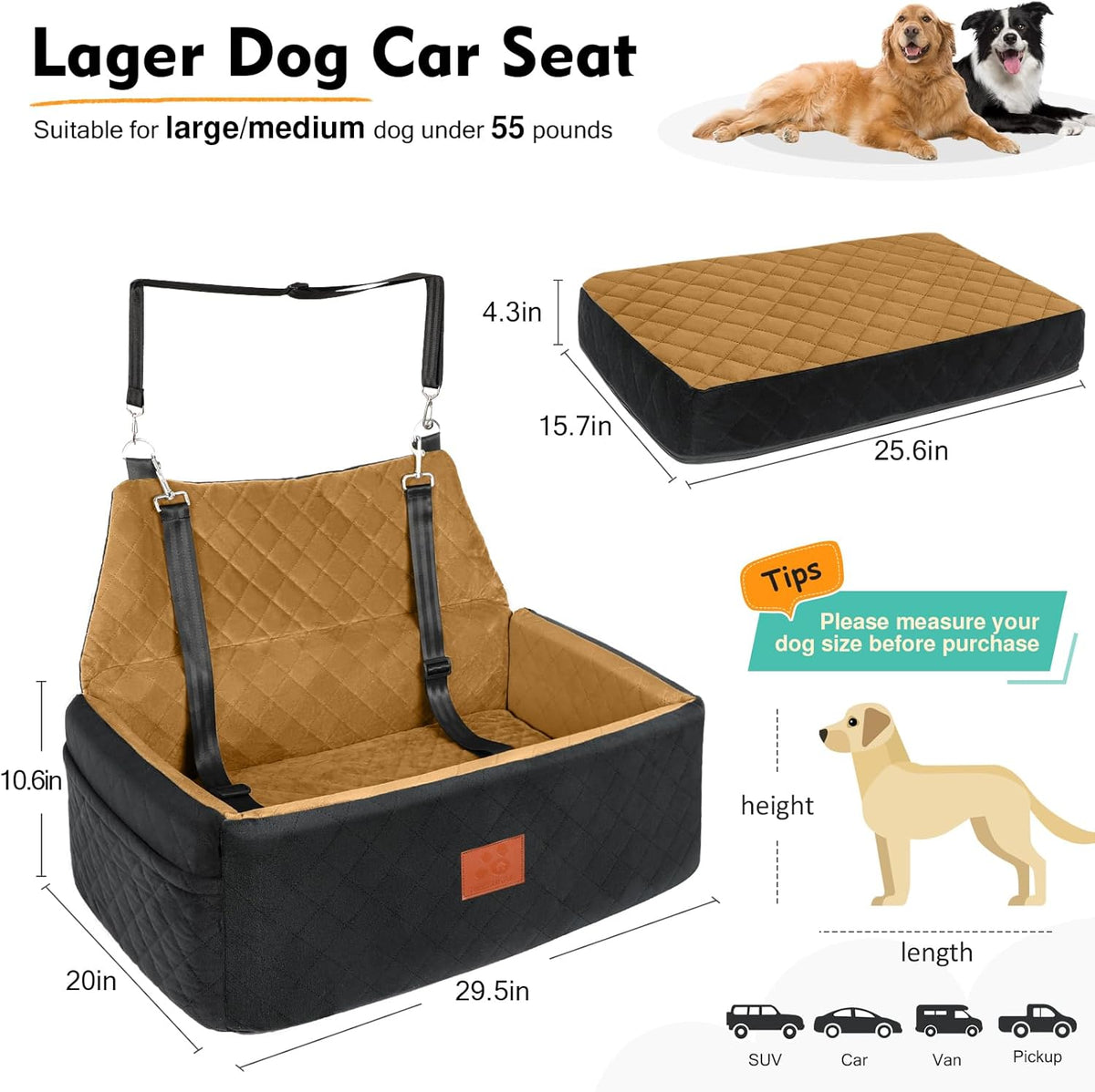 Dog Car Seat for Large Medium Dogs,Washable Pet Car Seat Under 55 lbs or 2 Small Dogs,Dog Booster Seat with Thick Cushion,2 Safety Leashes Travel Car Dog Bed