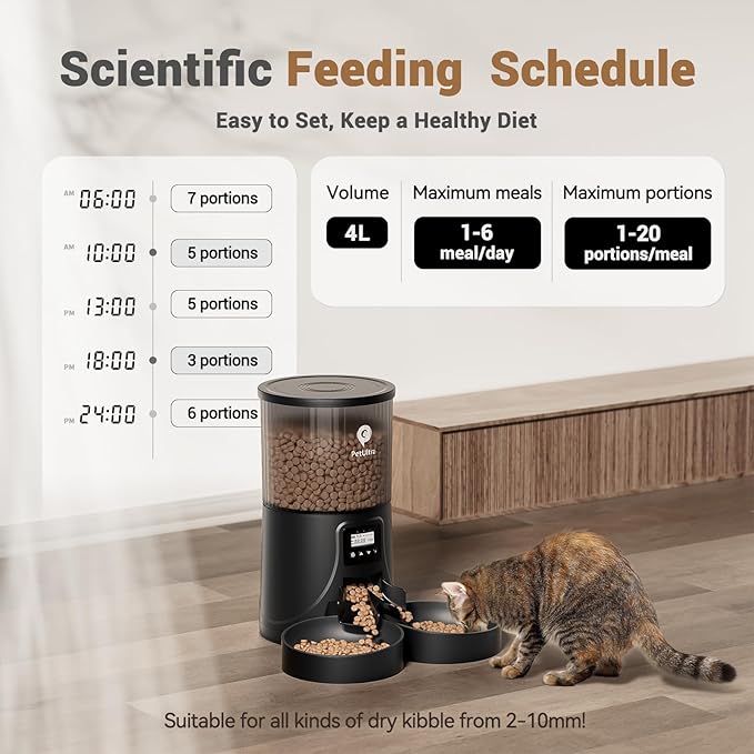 Automatic Cat Feeder for 2 Cats - 16 Cups/4L Timed Auto Pet Feeder with Portion Control (1-6 Meals), Dual Power& Easy to Clean for Indoor Cats & Small Dogs
