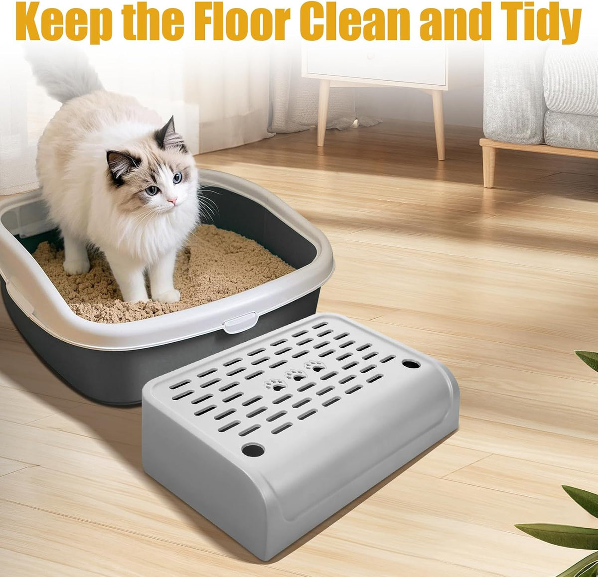 Cat Ramp for Litter Box Step, Stainless Steel Automatic Litter Box Ramp Cat Steps Mat with Filter Function, Double Layered Self Cleaning Cat Stairs with Storage Space for Litter Catcher (Grey)