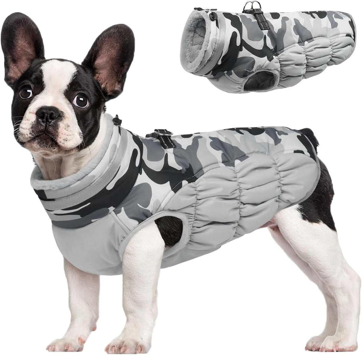 FUAMEY Dog Coat for Medium Dogs,Waterproof Dog Winter Jacket with Harness Built in Puppy Cold Weather Coats Reflective Pet Vest with Zipper Warm Fleece Dogs Snowsuit Windproof Grey Camo M
