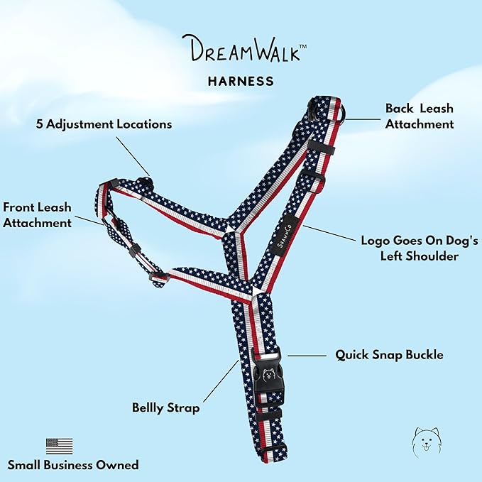 ShawnCo Dream Walk No-Pull Dog Harness- Adjustable, Comfortable, Easy to Use Pet Halter to Help Stop Pulling for Small, Medium and Large Dogs- Art Pattern Designs (Stars and Stripes, M)