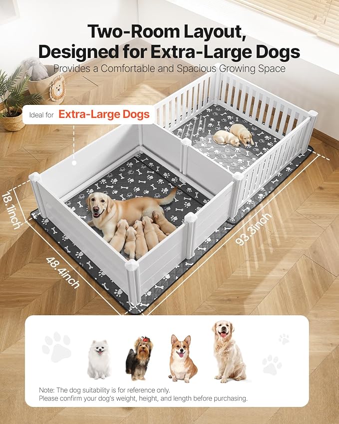 VEVOR Dogs Whelping Box, 93.3x48.4x18.1 inch, Plastic PVC Puppies Playpen with Height Adjustable Door and Washable Pee Pad, 2-Room Layout Indoor Puppy Play Pen for Extra Large Breed Dogs, Milk White