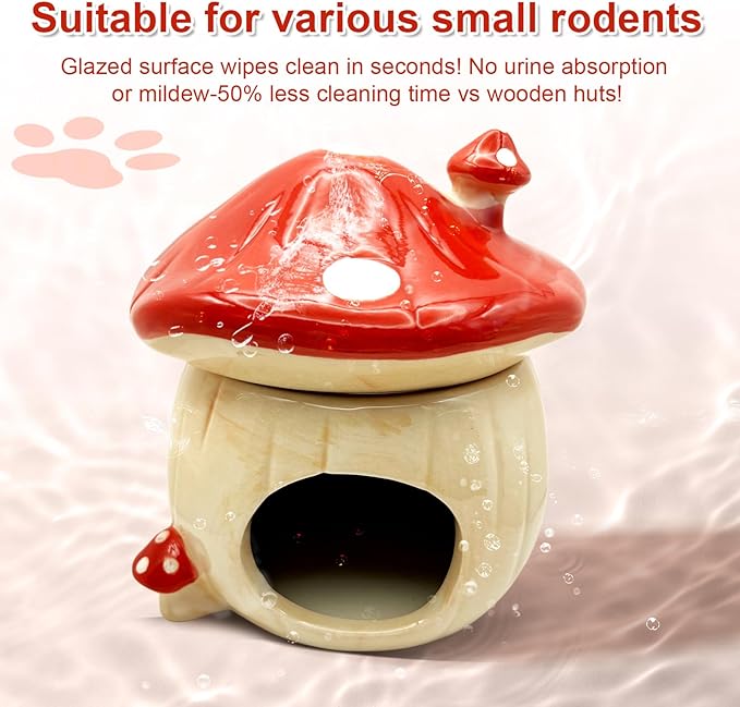 Mushroom Ceramic Hamster Hideout, Water Bottle with Stand, Food Bowl, Hamster Accessories (red)