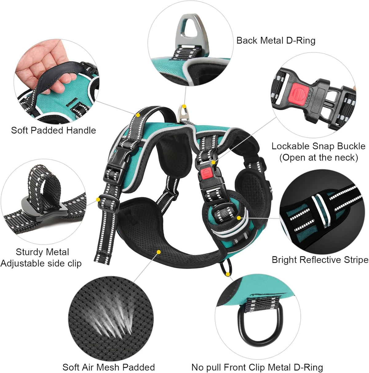 Timos No Pull Dog Harness, Release at Neck Reflective 3 Snap Buckles Adjustable No Choke Pet Vest with Front & Back 2 Leash Clips, Soft Padded Control Training Handle for Small Medium Large Dogs