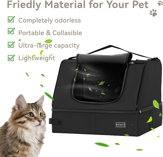 PETSFIT Portable Cat Litter Box - Removable 2-Layer Leak-Proof Lining, Scratch-Resistant Fabric with Sturdy Support Frame, Travel & Collapsible Cat Litter Box Black