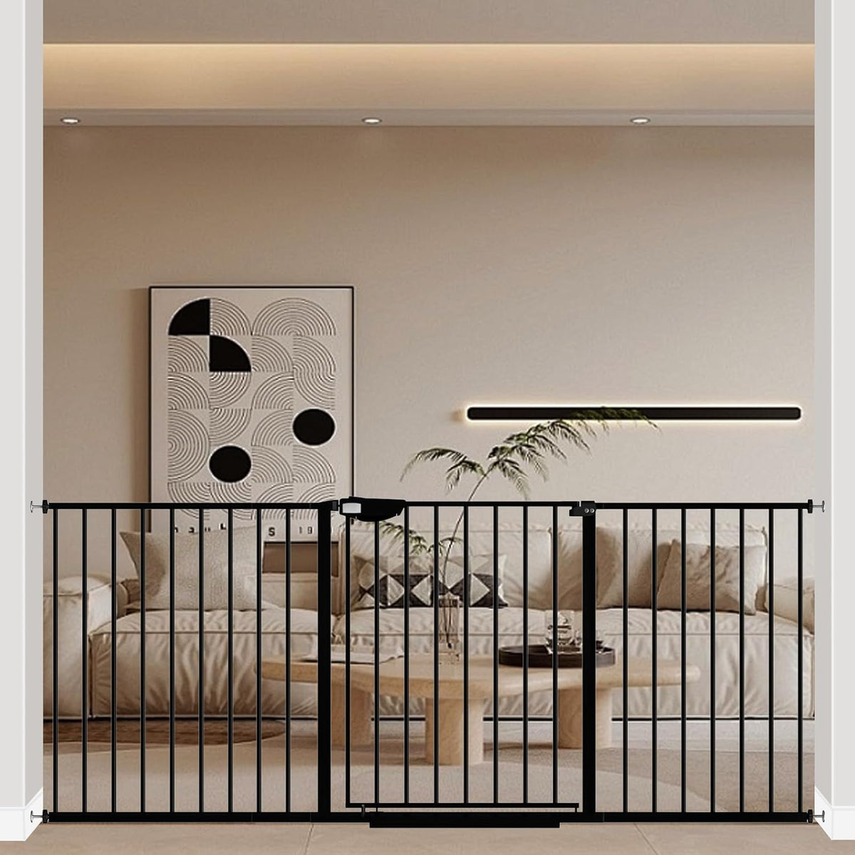 WAOWAO Triple Lock 68.11-75.98" Baby Gate Extra Wide Pressure Mounted Walk Through Swing Auto Close Safety Black Metal Dog Pet Puppy for Stairs,Doorways,Kitchen