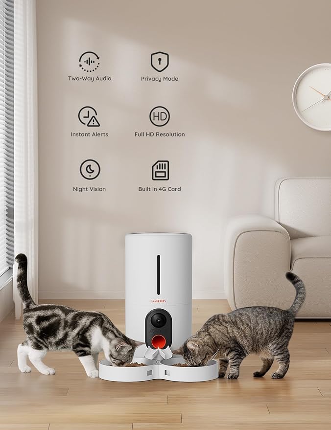 WOPET Automatic Cat Feeder with Camera for Two Cats, 6L Automatic Dog Feeder with HD Video and Night Vision, 5G/2.4G WiFi Pet Feeder for Cats & Dogs, SD Card Storage & 2-Way Audio