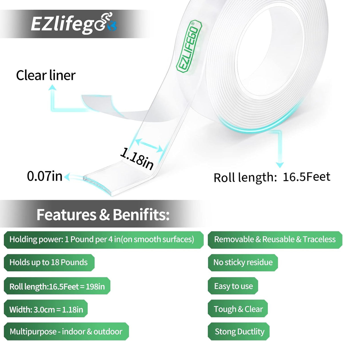EZlifego Double Sided Tape Heavy Duty(Extra Large 16.5FT), Nano Adhesive Mounting Tape Wall Decor,Sticky Picture Hanging Adhesive Strips Poster Tape