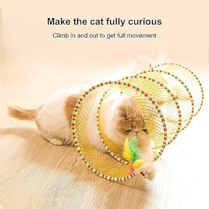 2Pcs Folded Cat Tunnel Toy for Indoor Cats,Collapsible Pet Spring Cat Toys with Feather Mouse Upgrade Interactive Toy Playing Tent for Puppy Kitten Accessories Home Self-Happy Cat Toys (Yellow)