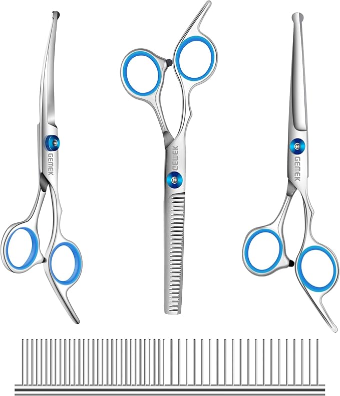 GEMEK Professional 5 in 1 Dog Grooming Scissors Set with Safety Round Tips, Sharp and Heavy-duty Pet Grooming Shears for Cats (Blue)