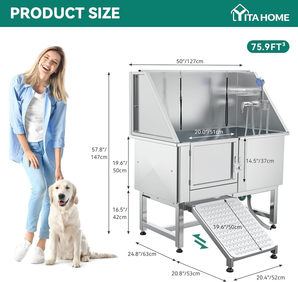 YITAHOME 50in Dog Grooming Tub Bathtub for Home 304 Stainless Steel Professional Dog Bath Washing Station w/Left Ramp, Faucet, Floor Grate for Large, Medium, Small Pets