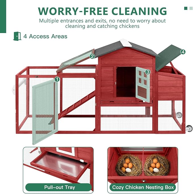 79" L Chicken Coop with Run, Mobile Chicken Hen House with Nesting Boxes, Wheels, Outdoor Indoor Rabbit Hutch, Poultry Cage for Chickens Ducks Bunny with Removable Tray, Ramp (Red)