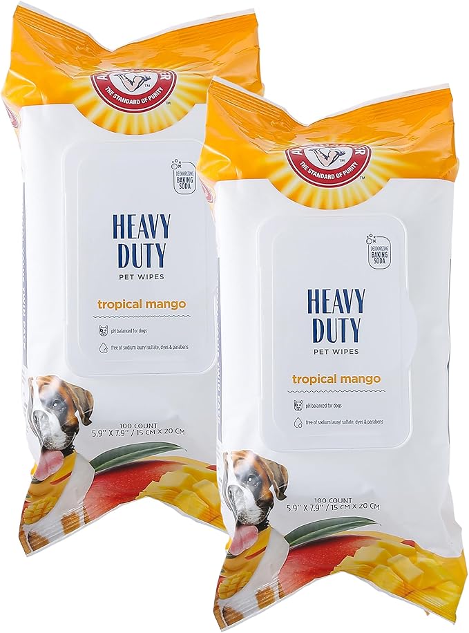 Arm & Hammer for Pets Heavy Duty Multipurpose Bath Wipes for Dogs | All Purpose Dog Wipes Remove Odor & Refresh Skin for Pets | Fruity Mango Scent, Two (2) 100 Count Packs of Pet Wipes