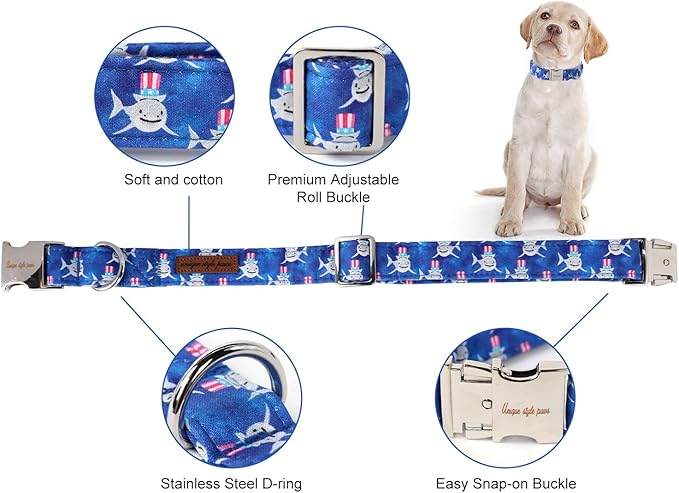 Unique style paws Independence Day Dog Collar Metal Buckle Hat Shark Collar Gift Durable Cute Collar for Small Medium Large Boys Girls Dogs
