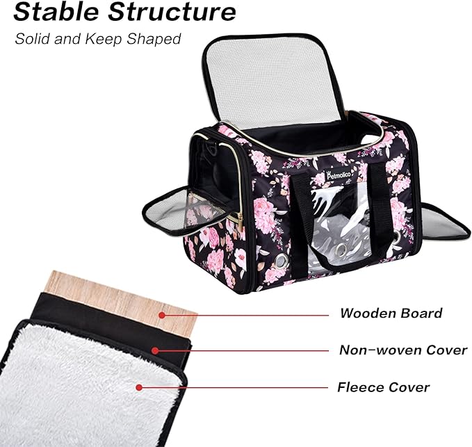 Petmolico Cat Carrier Soft-Sided Pet Bag for Small Medium Cats Puppies 16LBs - Airline Approved Cat Travel Carrier 3 Open Doors (Large,Pink Peony)