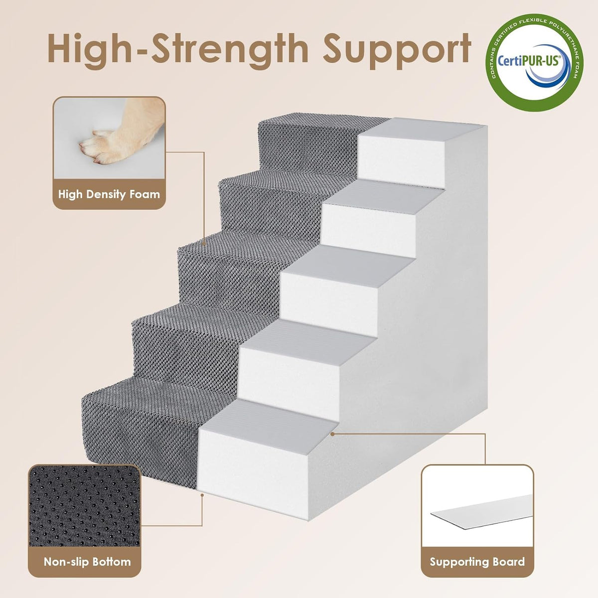 EHEYCIGA Dog Stairs for High Bed 25" H, 5-Step Extra Wide Dog Steps for Bed, Pet Steps for Small Dogs and Cats, Non-Slip Balanced Pet Ramp Indoor, Grey