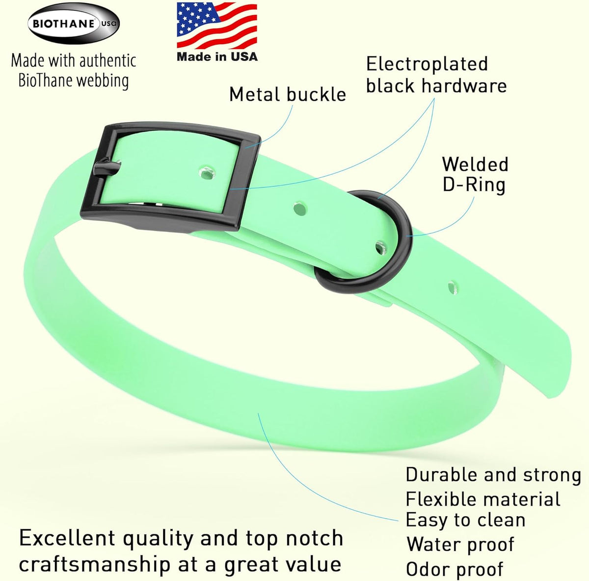 Dogline Biothane Waterproof Dog Collar Strong Coated Nylon Webbing with Black Hardware Odor- Proof for Easy Care Easy to Clean High Performance Fits Small Medium or Large Dogs, Sea Foam Green