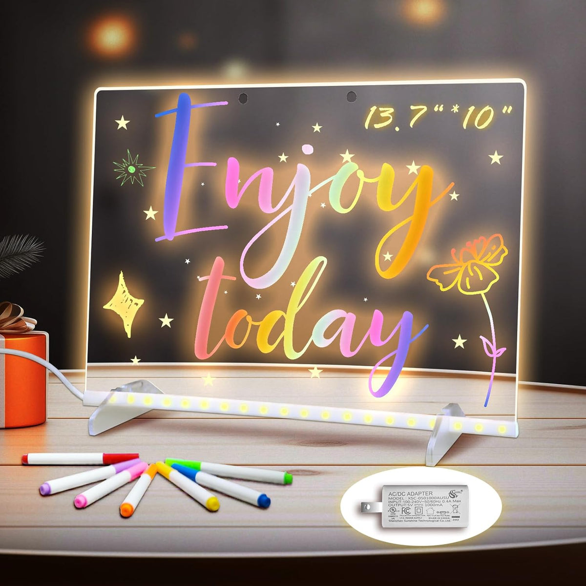 LED Note Board with Colors, 13.7"X10" 4 Modes & 7 Colors Acrylic Dry Erase Board with Light, Include Adapter, Hanging Chain, Led Drawing Board for Kids with Stand, 7 Markers, Spray Bottle