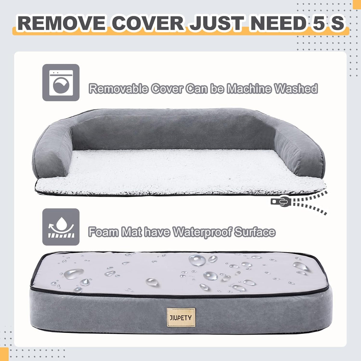 Jiupety Orthopedic Dog Bed for Large Dogs, Egg-Crate Foam Pet Couch Bed, Washable Pet Sofa with Removable Cover, Waterproof Lining and Anti-Slip Bottom, Grey, 35" x 25" x 7"
