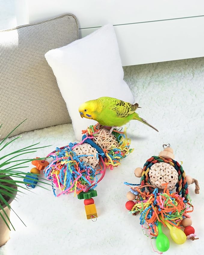 Bissap Conure Toys, 5 PCS Parrot Foraging Shredder Hanging Toys Sola Balls with Sand Hammer Perch Swing Climbing Ladder for Small Parrots Parakeets Conures Cockatiels Love Birds Cage Toy