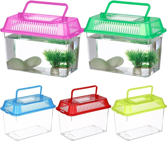 5pcs Small Fish Carrier with Breathable Lids, Portable Betta Fish Tank, Clear Breeding Boxes for Lizard, Turtle, Tarantula（Assorted Color）