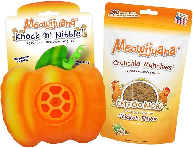 Meowijuana Knock N' Nibble Pumpkin & ChickenTreat Bundle | Crunchie Munchie Catnip Treats | Refillable Treat Dispensing Toy | Interactive Puzzle Toy for Felines