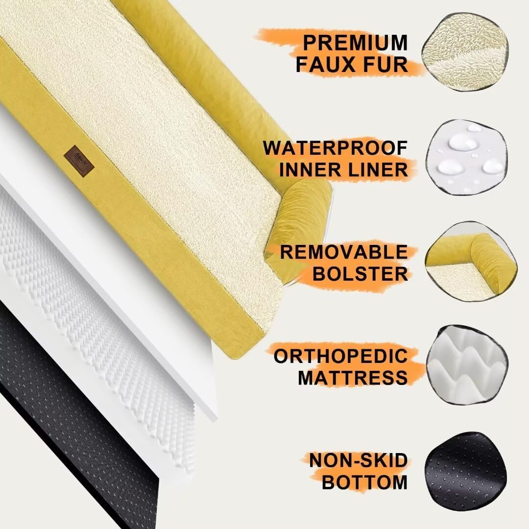Large Dog Bed Orthopedic Washable - Waterproof with Removable Cover - Memory Foam - Beds Bolster Pet - Couch Sofa - XXXL Large Big Jumbo Dogs - Ginger Yellow Giant Dog Bed