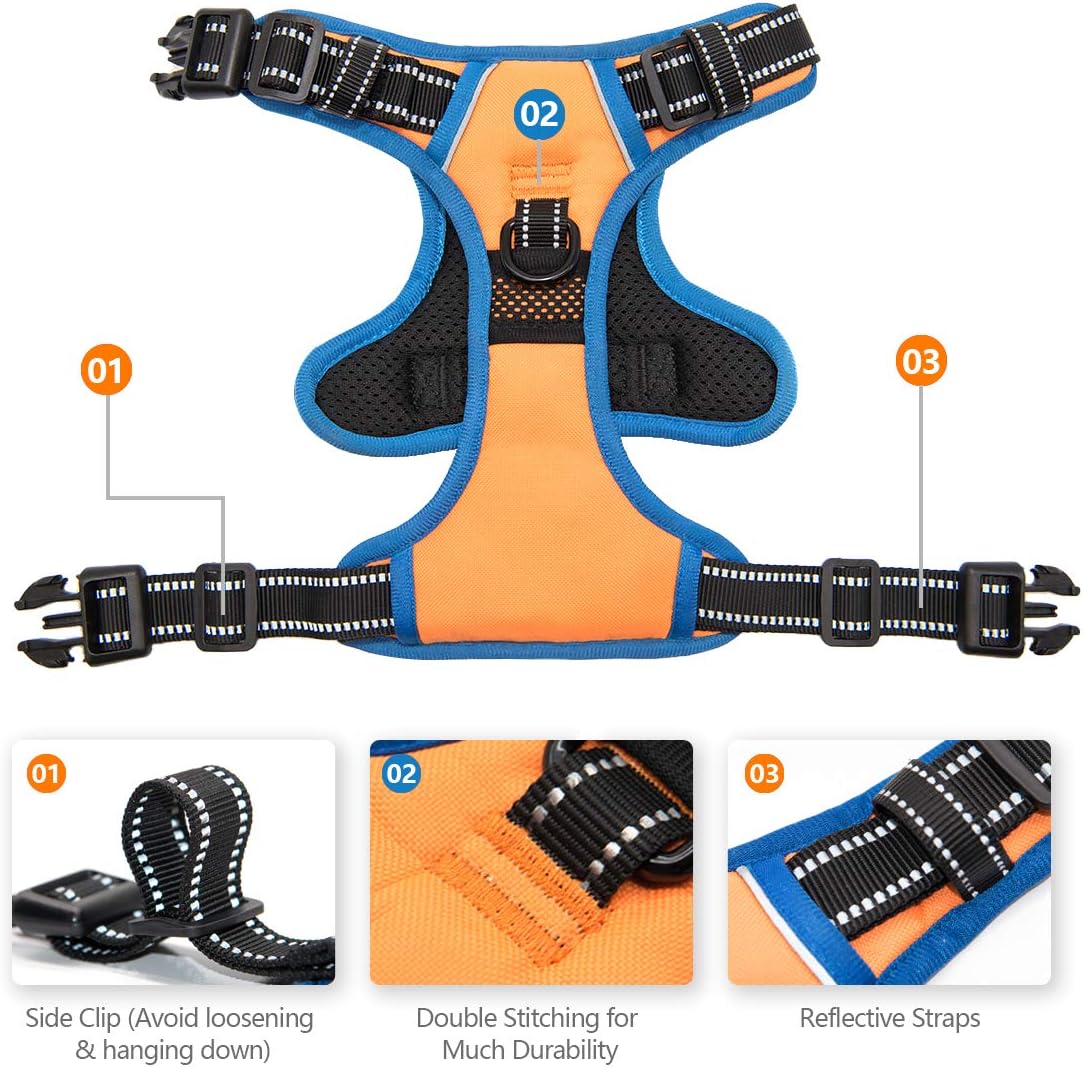 PHOEPET 2019 Reflective Dog Harness Large Breed Adjustable No Pull Vest with with Handle 2 Metal Rings 3 Buckles [Easy to Put on & Take Off](XL,Orange)