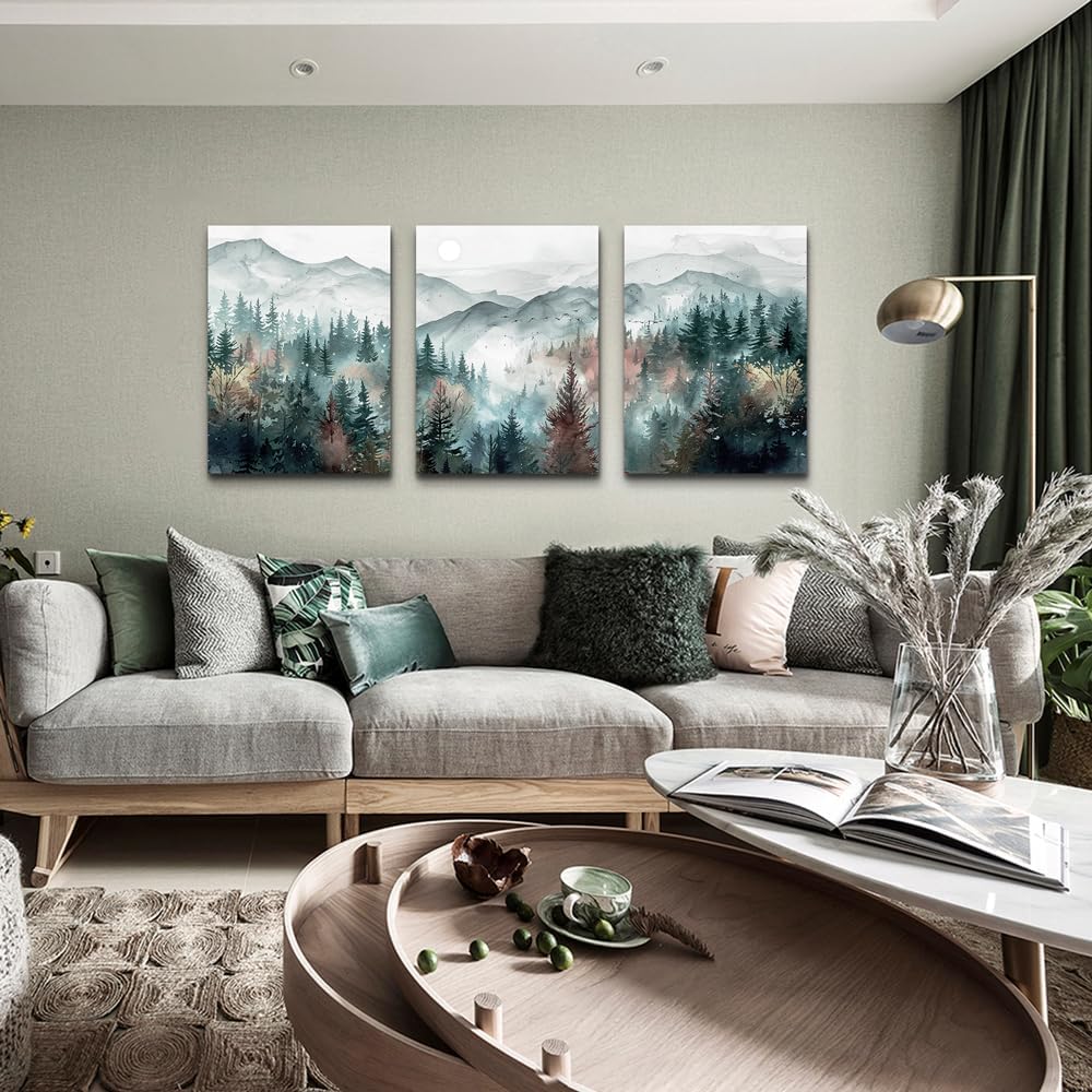 TTHYUEWS Wall Art For Living Room Farmhouse Wall Decor For Bedroom Wall Pictures for Office Fog Forest Mountain Landscape Watercolour Wall Paintings Artwork Ready To Hang Home Decorations 3 Piece