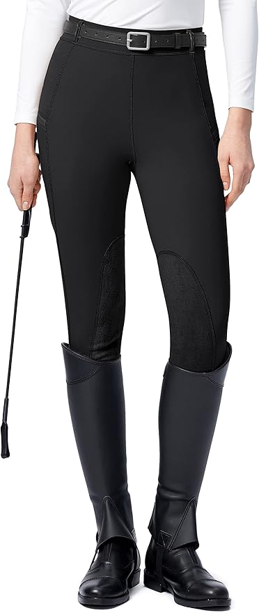 SANTINY Women's Horse Riding Pants with Zipper Pockets Knee-Patch Schooling Tights Equestrian Breeches for Women