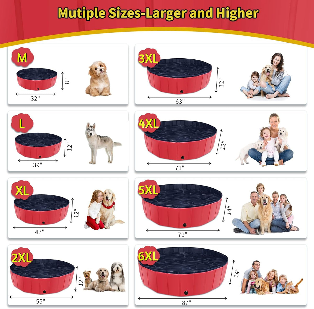 Foldable Dog Pool, 71" x 14" Large Kiddie Pool with Hard Plastic, Non-Slip Dog Bath Tub for Outdoor Backyard, Collapsible Dog Swimming Pool for Kids Dogs Pets (Red)
