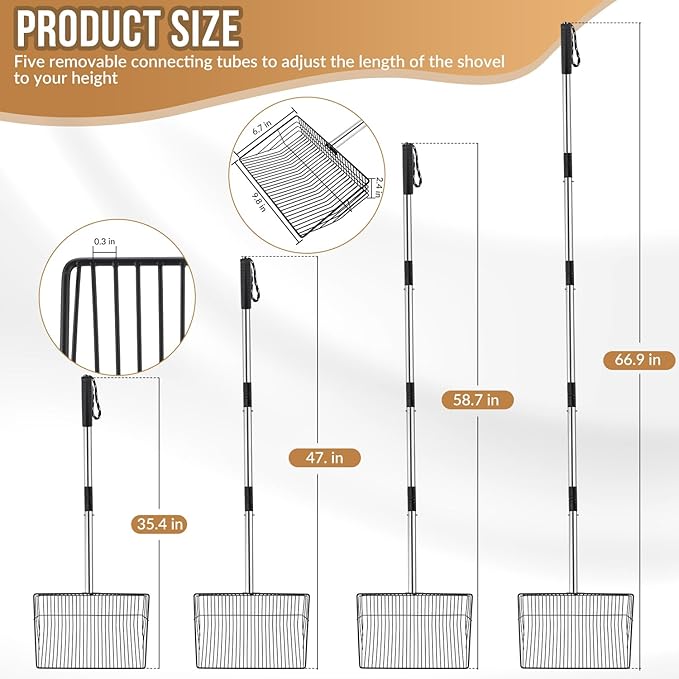 SlowTon 10-inch Large Chicken Poop Scooper - 5 in 1 Multifunctional Chicken Litter Scoop with 35 to 67in Stainless Steel Handle, Heavy Duty Chicken Coop Cleaning Tool Litter Sifting Shovel