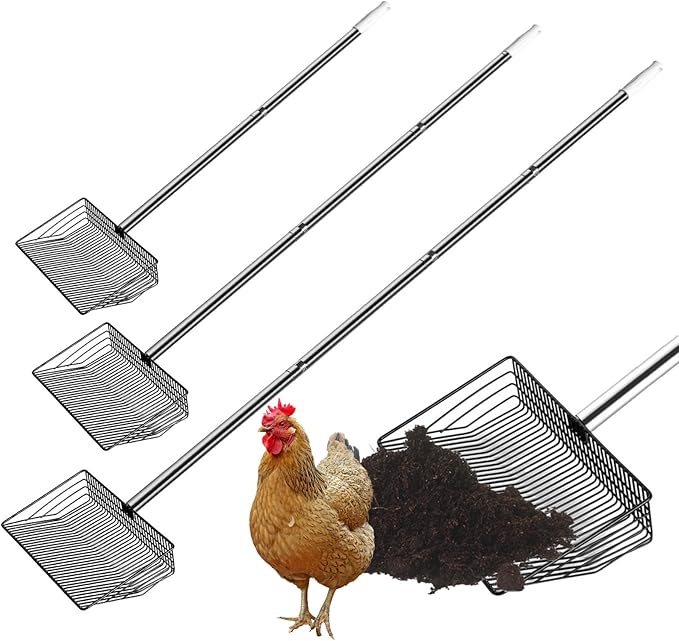 Large Metal Chicken Poop Scooper, Detachable 20 to 63 inches Long Metal Handle, Stainless Steel Chicken Coop Cleaning Tool, Heavy-Duty Pooper Sifting Shovel for Chicken Coop Accessories