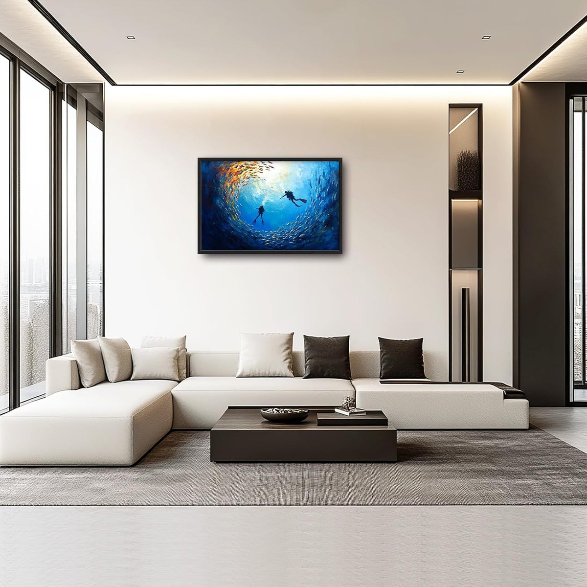 Large Ocean Diving Wall Art for Living Room, Framed Oversized Fish Wall Decor Underwater Marine Life Canvas Painting Modern Artwork for Living Room Bathroom Bedroom Office Dining Room 36"x24"
