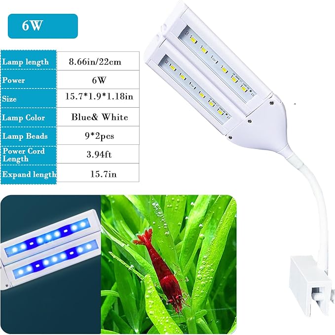 LED Aquarium Light Full Spectrum Clip Fish Tank Light Plants Light 360° Adjustable 2 Light Bar Super-Bright 6W Suitable for 10-30 Gal Fish Tank