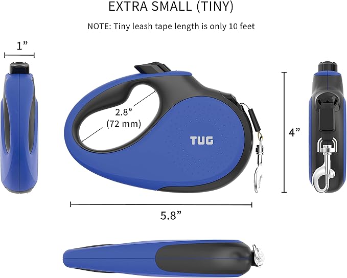 TUG Tiny 360° Tangle-Free Retractable Dog Leash with Anti-Slip Handle | 10 ft Nylon Tape | One-Handed Brake, Pause, Lock (Blue)