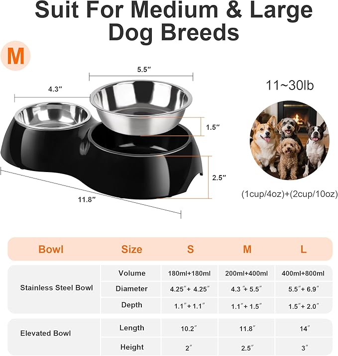 Double Dog Bowls Set – Non-Slip Pet Food & Water Dishes with Resin Stand, Includes Small (1 Cup) & Medium (2 Cups) Bowls – Ideal for Puppies, Cats, and Medium Dogs –Black