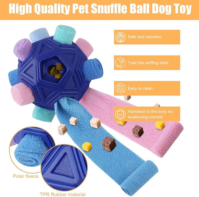 Dog Snuffle Ball-Interactive Puzzle Dog Toys Encourage Natural Foraging Skills Slow Feeder for Training and Stress Relief, Cloth Strip Hiding Food Chew Toys for Any Size Dogs