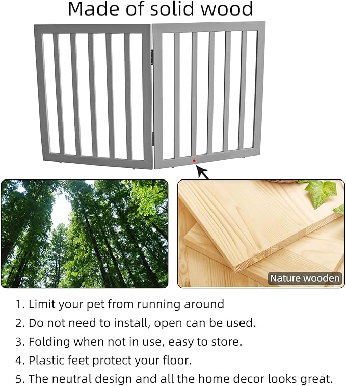 ZJSF Freestanding Indoor Dog Gate for House Foldable Wood Grey Puppy Gate for Doorways Pet Gate for Stairs Extra Wide Pet Fence 24" Height 2 Panels