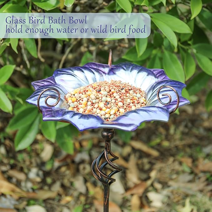 VCUTEKA Glass Bird Bath Outdoor BirdBath Bird Feeder with Metal Stake Garden Decor, Purple