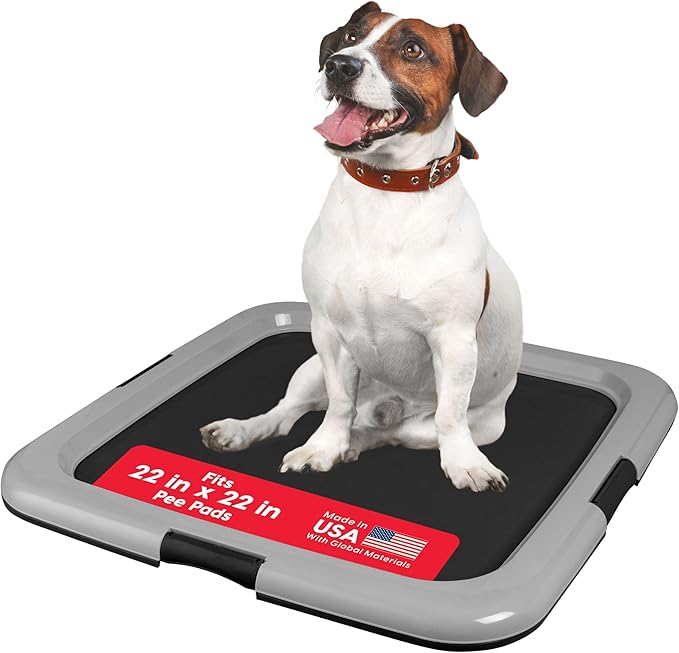 IRIS USA Pee Pad Holder - for Regular Sized Dog and Puppy Pee Pads, Secured Latches, Non-Skid Feet, High Polish Finish for Easy Cleaning, Leak Protection, Fits 22"x22" Pad or Larger, Black/Gray