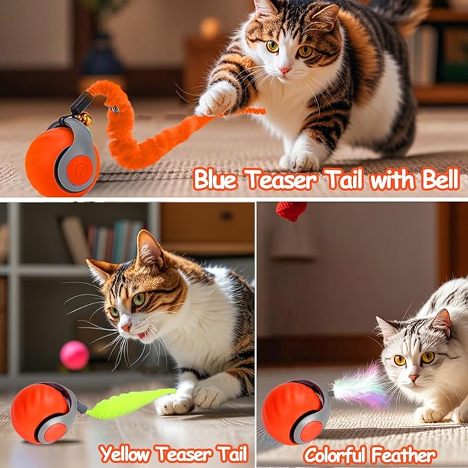 Interactive Cat Ball Toy, Self Rolling Ball with Cover Anti-Scratch for Bored Indoor Cat Chasing, Obstacle Avoidance Smart Cat Toys for Enrichment, Motion Activated Toys to Keep Them Busy （Orange）