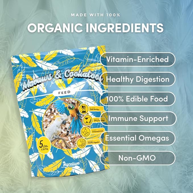 Mycelium Organic Macaw & Cockatoo Feed (5 LB Bag) | Organic Bird Seed for Large Pet Birds| High-Protein Seed, Pellet & Kibble Mix with Vitamins | Supports Digestion & Energy | USA-Made & Non-GMO