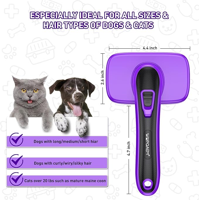 Dogs Cats Self Cleaning Slicker Brush for Shedding & Grooming Any Breed of Pets, Removes Loose, Undercoat, Mats, Tangled Hair for Small Medium Large Animal With Long Short Fur Length, Purple