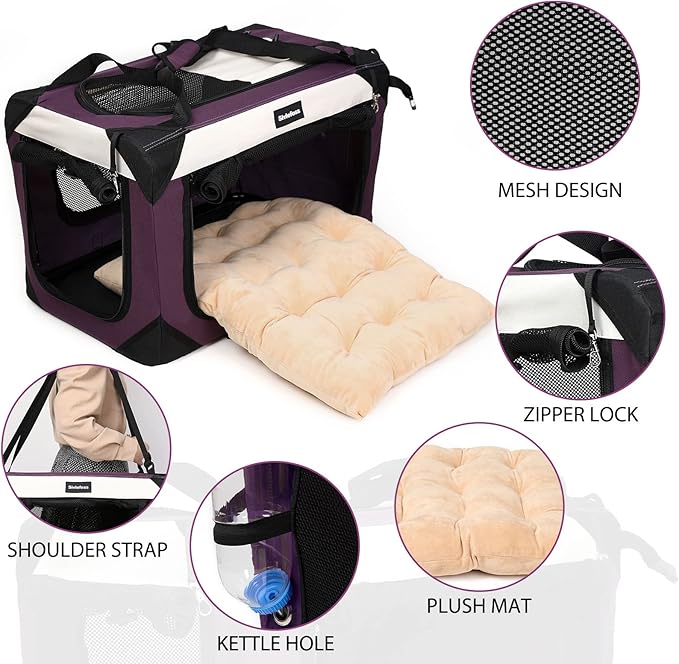 Collapsible Dog Travel Crate,Portable Soft-Sided Pet Carrier Extra Large Cat Carrier with Soft Plush Plush Mat for Indoor and Outdoor,28x20x20in,Purple