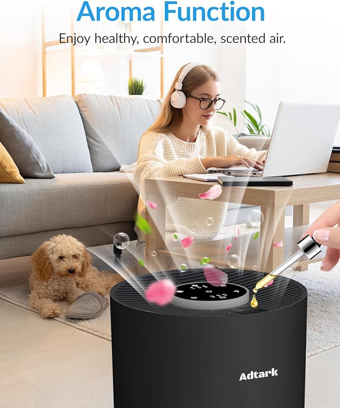Air Purifiers for Home Bedroom, ADTARK Air Cleaner with H14 True HEPA 3-in-1 Filter, Sleep Mode & Aroma Function, 3 Light Modes, Room Air Purifier with 3 Timer for Office, Dorm, Hotel (Black)